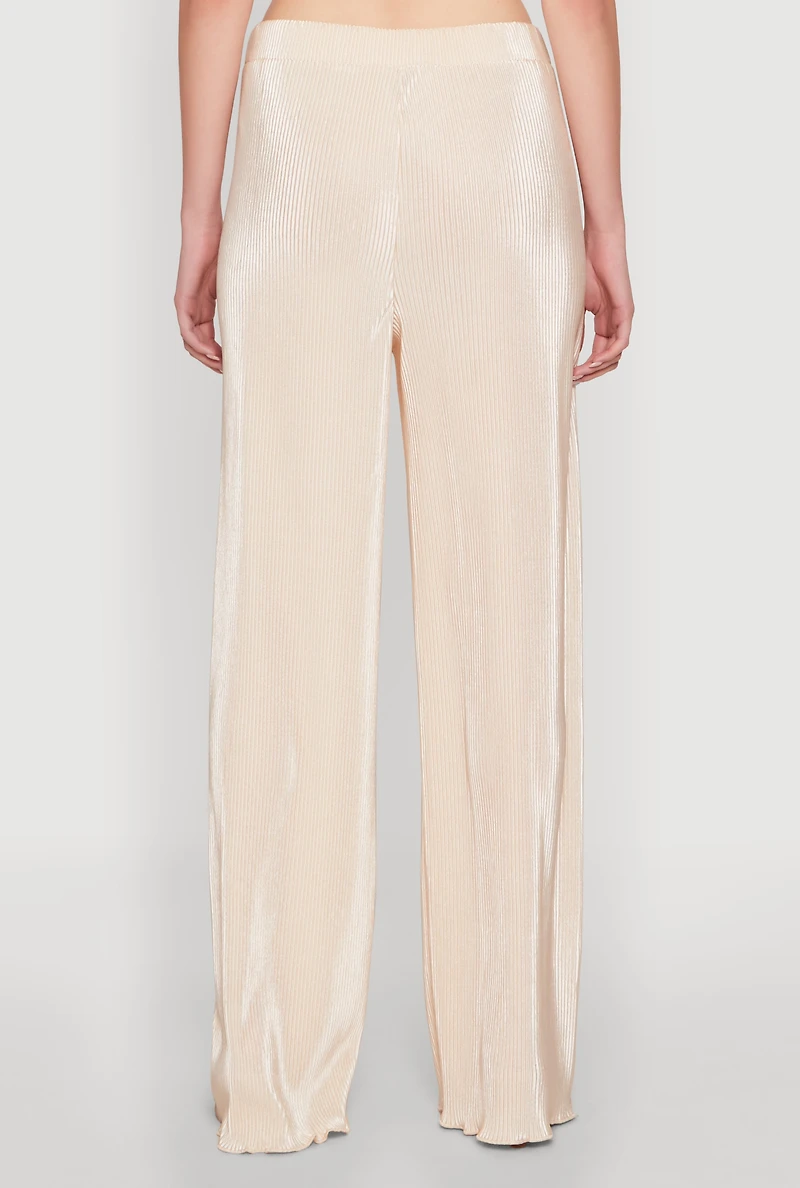 Womens Iris Plisse Lettuce Edge Wide Leg Pants, Khaki, Size L
