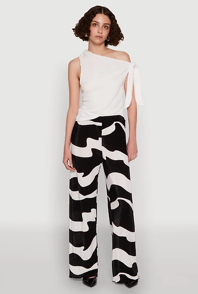 Womens Iris Plisse Abstract Print Lettuce Edge Pants, Multi, Size S