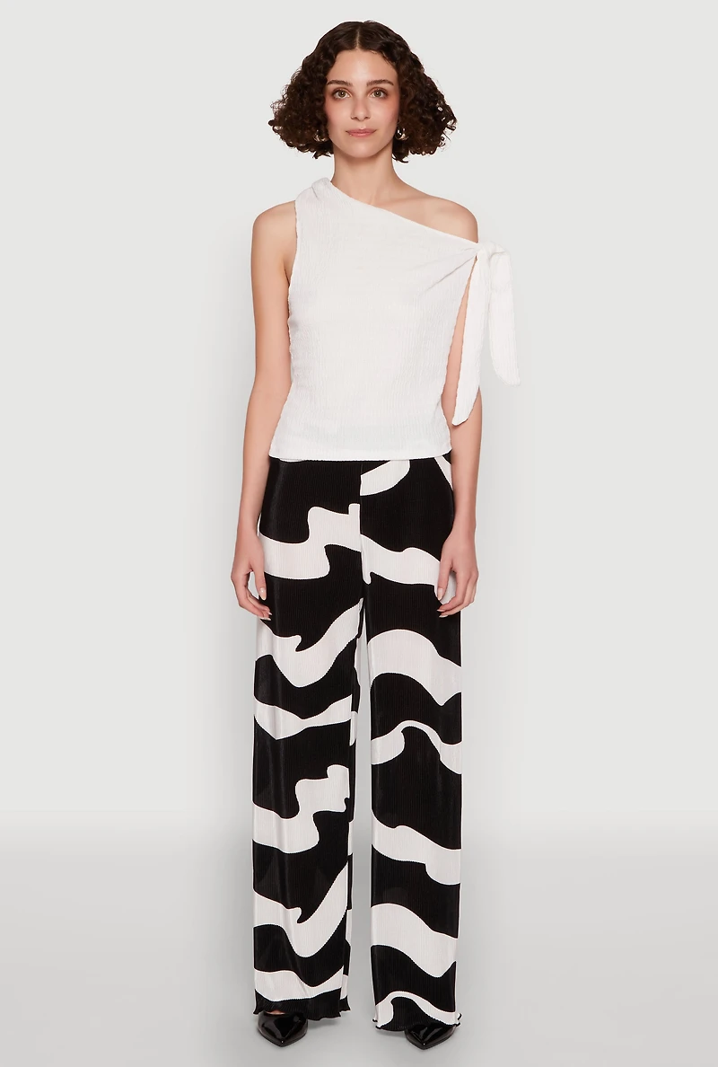 Womens Iris Plisse Abstract Print Lettuce Edge Pants, Multi,