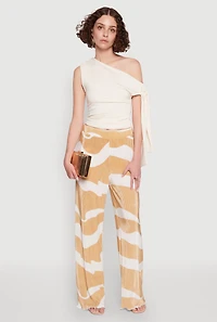 Womens Iris Plisse Abstract Print Lettuce Edge Pants, Beige, Size L