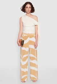 Womens Iris Plisse Abstract Print Lettuce Edge Pants, Beige, Size L