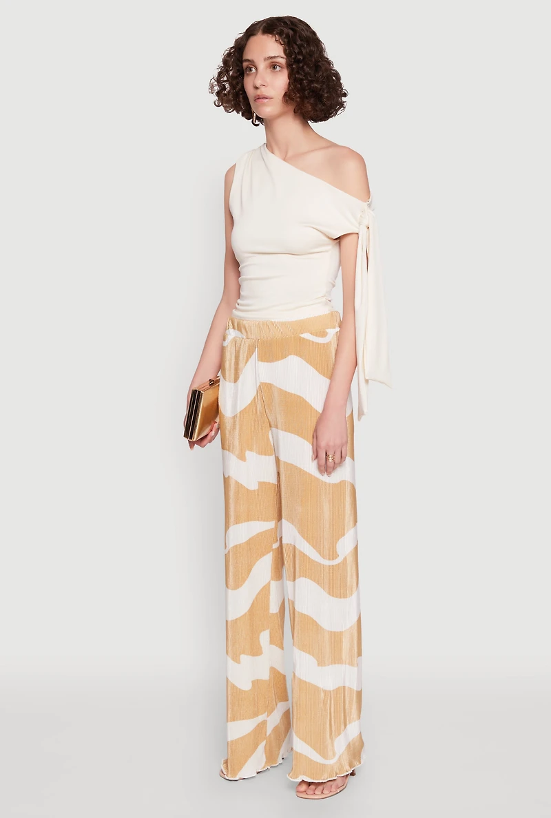 Womens Iris Plisse Abstract Print Lettuce Edge Pants, Beige, Size L