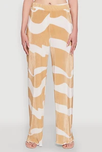Womens Iris Plisse Abstract Print Lettuce Edge Pants, Beige, Size L