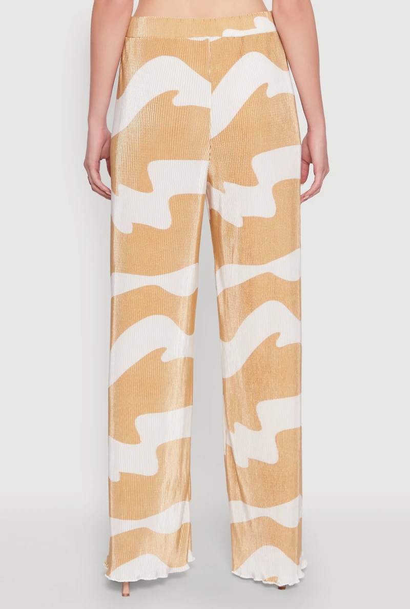 Womens Iris Plisse Abstract Print Lettuce Edge Pants, Beige, Size L