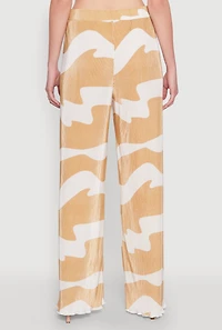 Womens Iris Plisse Abstract Print Lettuce Edge Pants, Beige, Size L