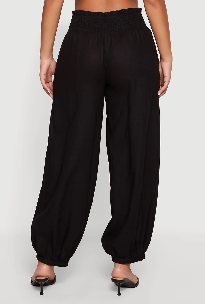 Smocked Paper Bag High Waisted Linen Joggers