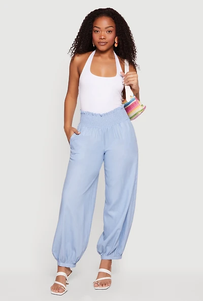 Smocked Paper Bag High Waisted Linen Joggers
