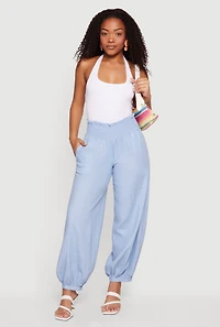 Smocked Paper Bag High Waisted Linen Joggers