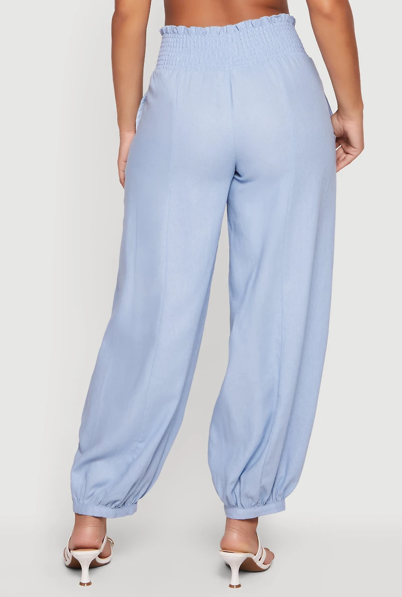 Smocked Paper Bag High Waisted Linen Joggers