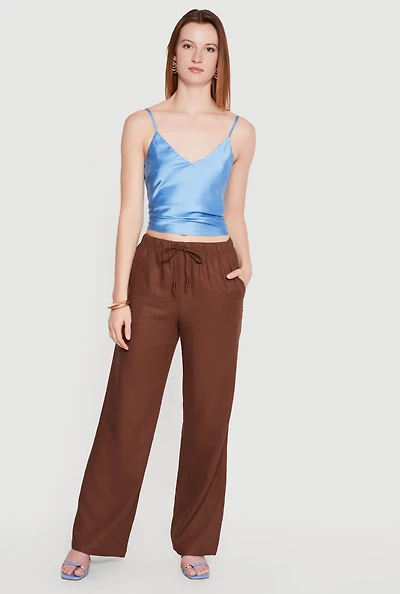 Beaded Drawstring Waist Linen Pull On Pants