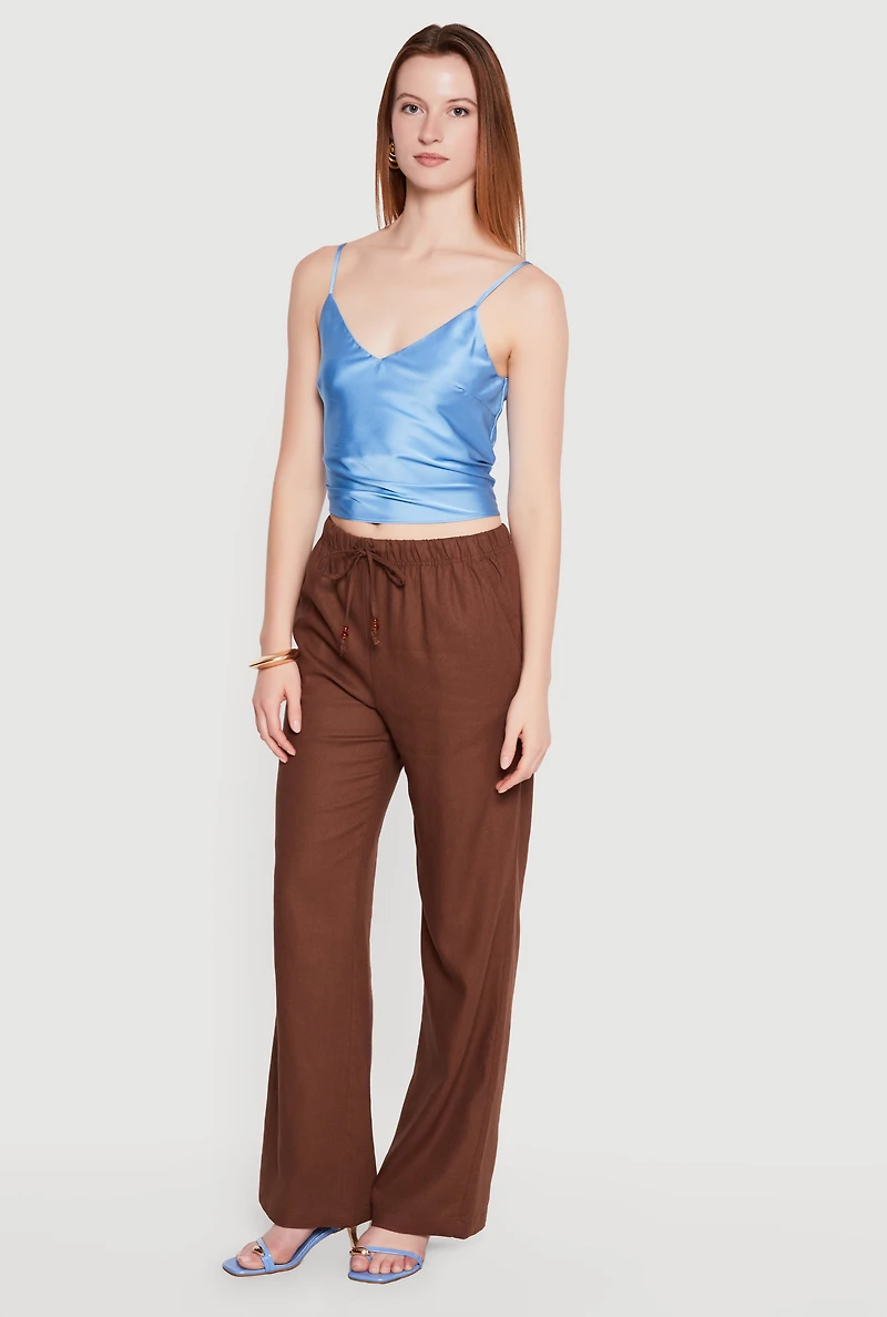 Beaded Drawstring Waist Linen Pull On Pants