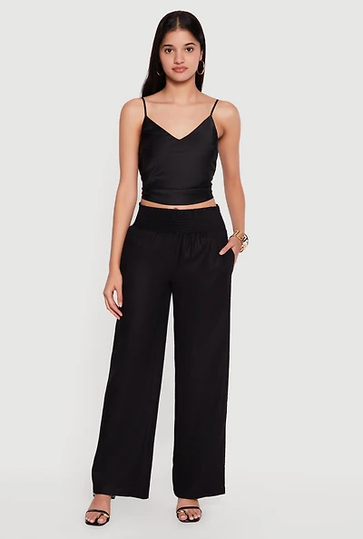 Smocked High Waisted Linen Wide Leg Pants