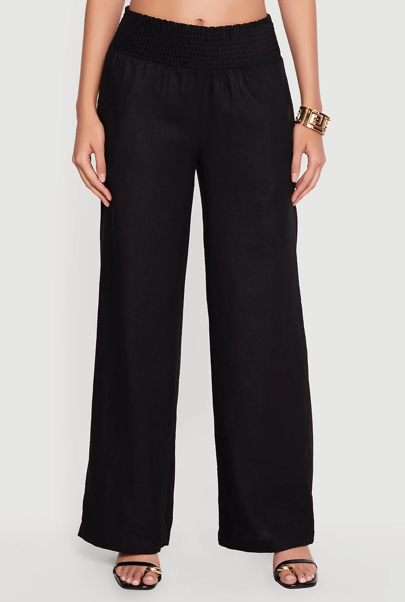 Smocked High Waisted Linen Wide Leg Pants