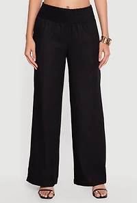 Smocked High Waisted Linen Wide Leg Pants