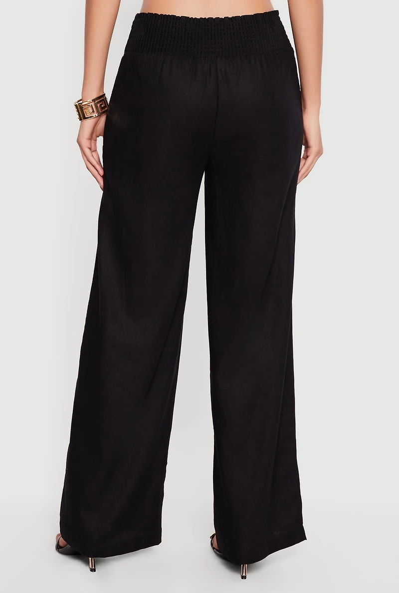 Smocked High Waisted Linen Wide Leg Pants