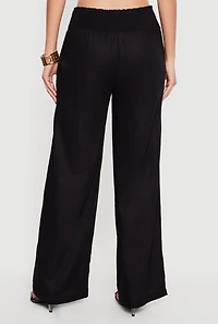 Smocked High Waisted Linen Wide Leg Pants