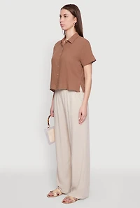 Womens Trendy Smocked Paper Bag Waist Palazzo Pants, Khaki, Size S