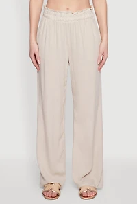 Womens Trendy Smocked Paper Bag Waist Palazzo Pants, Khaki, Size S