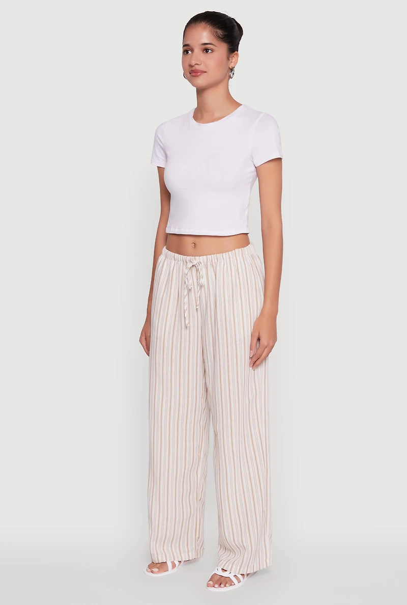 Womens Trendy Striped Drawstring Waist Palazzo Pants, Khaki,