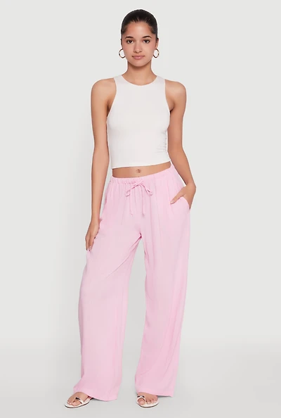 Womens Drawstring Palazzo Pants, Pink, Size L