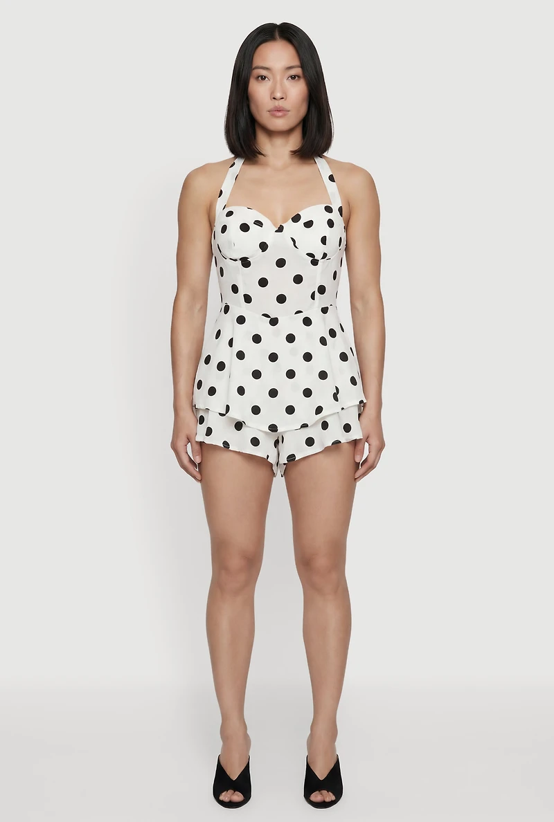 Polka Dot Print Tie Neck Bustier Romper