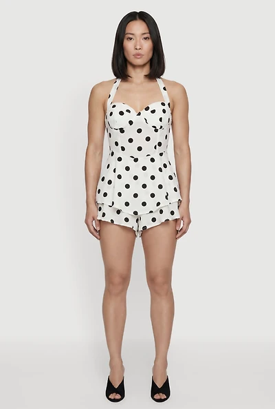 Polka Dot Print Tie Neck Bustier Romper