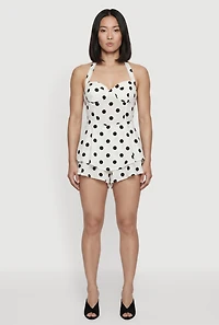 Polka Dot Print Tie Neck Bustier Romper