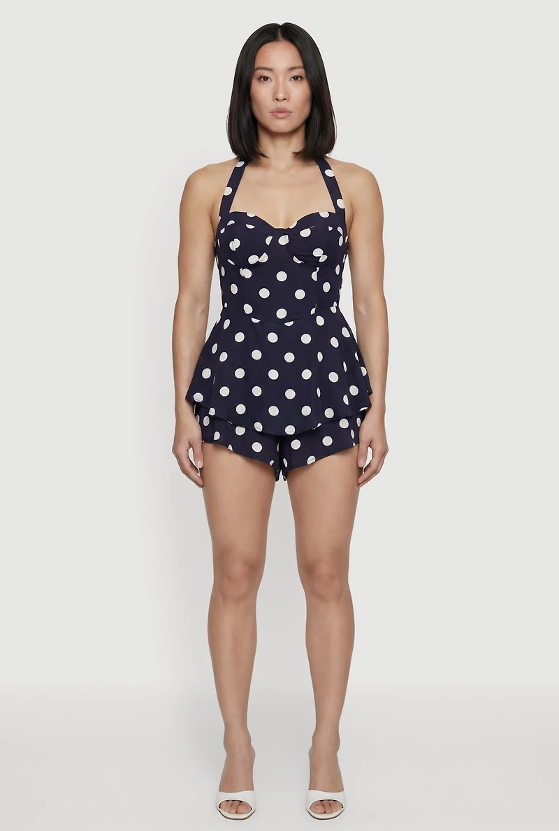 Polka Dot Print Tie Neck Bustier Romper