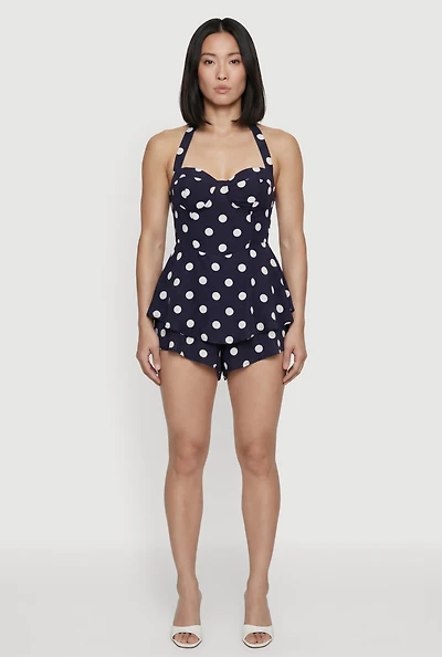 Polka Dot Print Tie Neck Bustier Romper