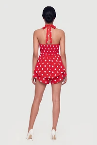 Polka Dot Print Tie Neck Bustier Romper