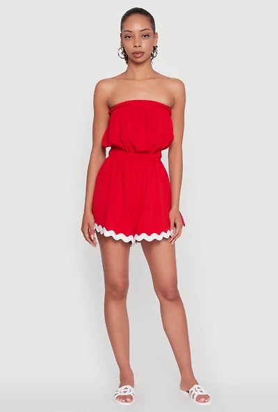 Womens Chic Scalloped Contrast Trim Strapless Romper, Red,