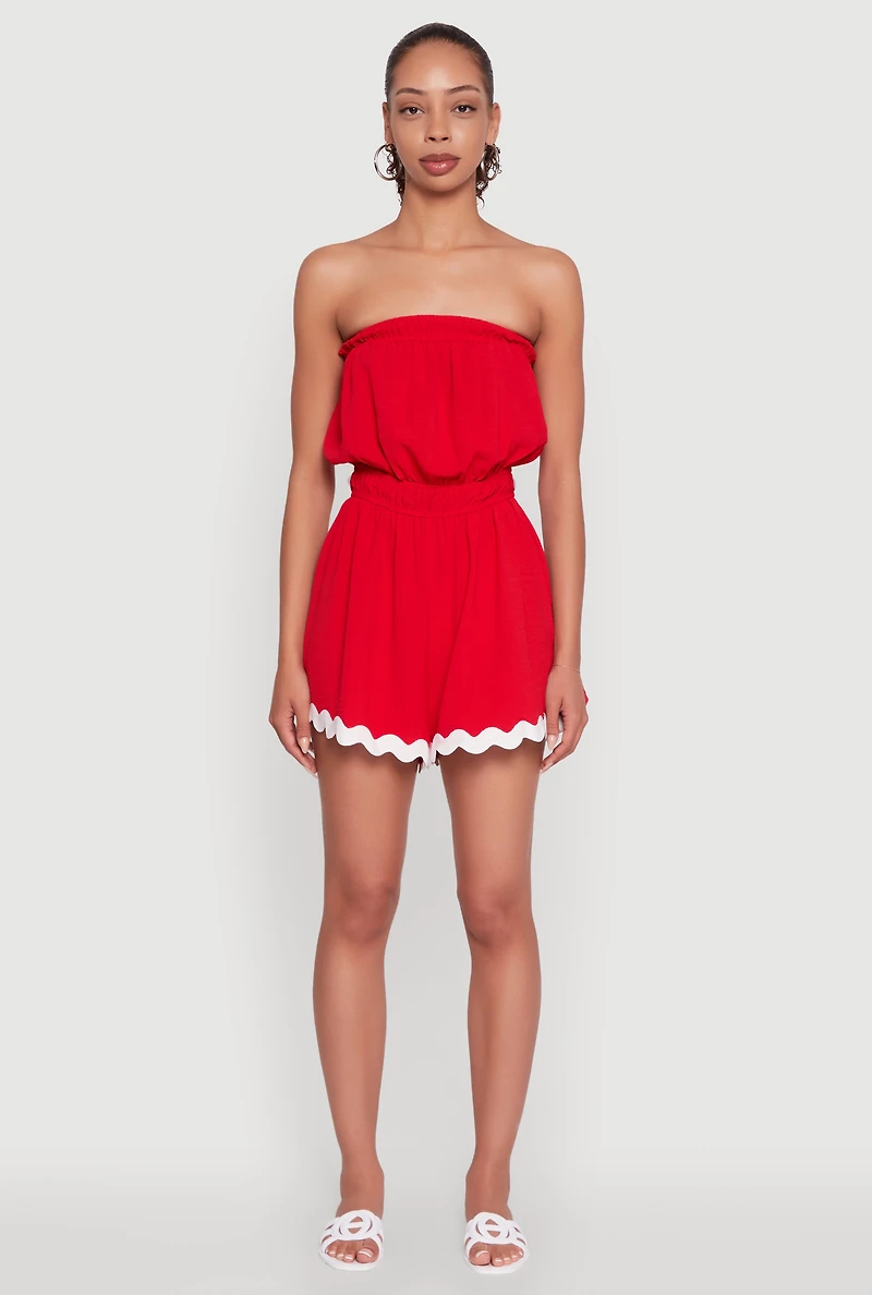 Womens Chic Scalloped Contrast Trim Strapless Romper, Red, Size S