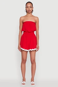 Womens Chic Scalloped Contrast Trim Strapless Romper, Red, Size S