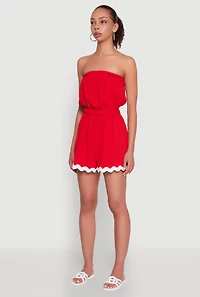 Womens Chic Scalloped Contrast Trim Strapless Romper, Red, Size S