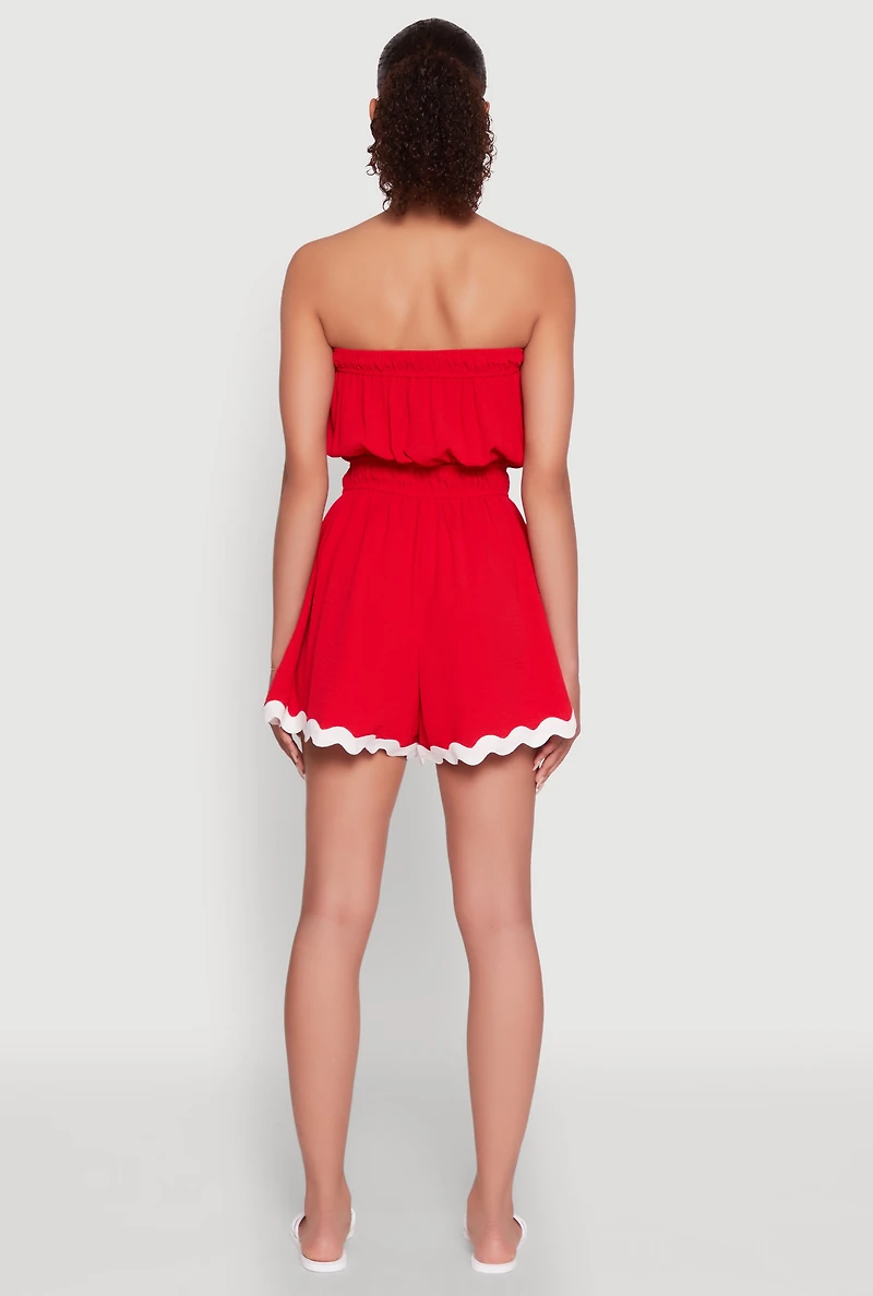 Womens Chic Scalloped Contrast Trim Strapless Romper, Red, Size S