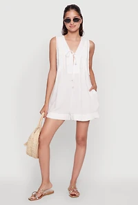 Womens Chic Gauze Knit Tie Front Sleeveless Romper, White, Size L