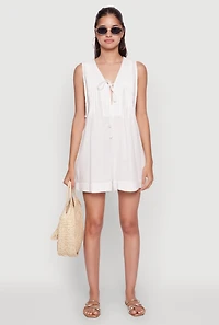 Womens Chic Gauze Knit Tie Front Sleeveless Romper, White, Size L