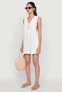 Womens Chic Gauze Knit Tie Front Sleeveless Romper, White, Size M