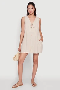Womens Chic Gauze Knit Tie Front Sleeveless Romper, Beige,