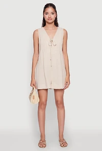 Womens Chic Gauze Knit Tie Front Sleeveless Romper, Beige,