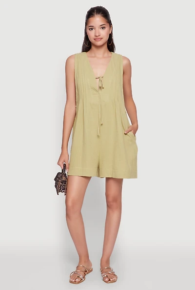 Womens Chic Gauze Knit Tie Front Sleeveless Romper,