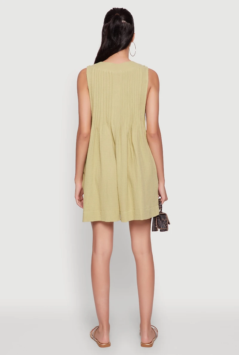 Womens Chic Gauze Knit Tie Front Sleeveless Romper, Green,