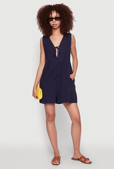 Womens Chic Gauze Knit Tie Front Sleeveless Romper,