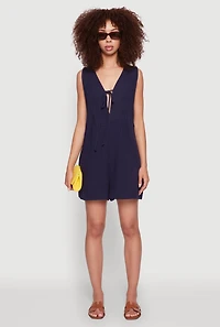 Womens Chic Gauze Knit Tie Front Sleeveless Romper, Blue, Size M