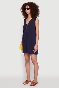 Womens Chic Gauze Knit Tie Front Sleeveless Romper, Blue, Size M