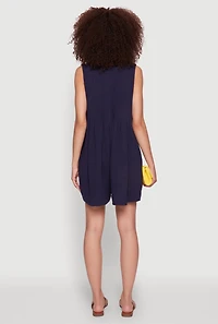 Womens Chic Gauze Knit Tie Front Sleeveless Romper, Blue, Size M