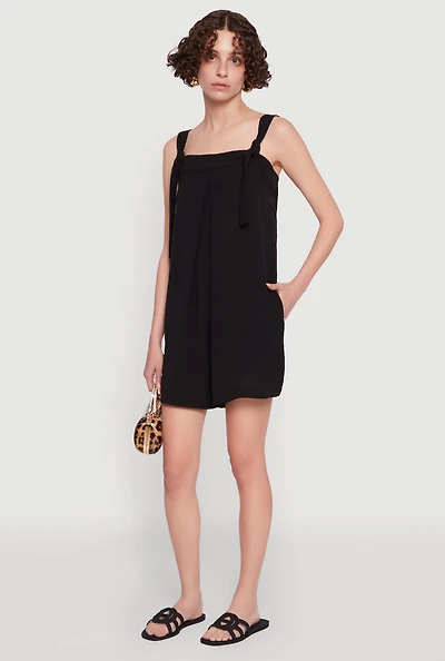 Womens Chic Tie Sleeves Pleated Crepe Knit Romper,