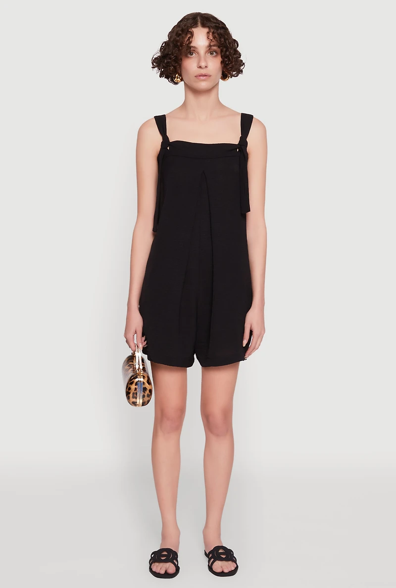Womens Chic Tie Sleeves Pleated Crepe Knit Romper, Black, Size L