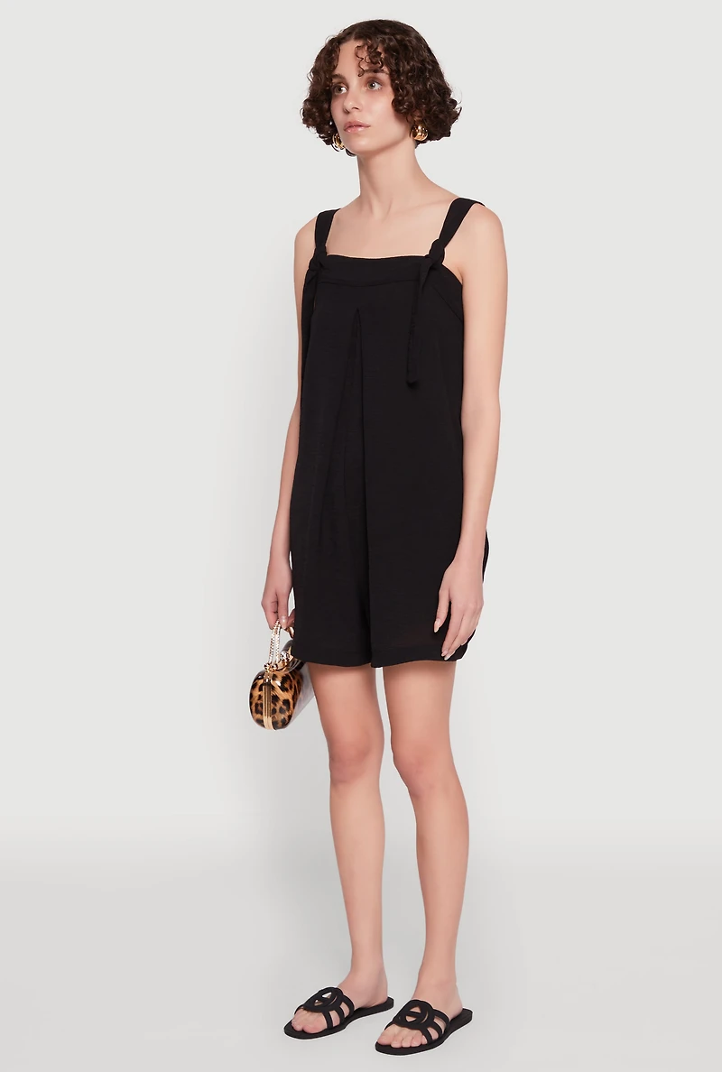 Womens Chic Tie Sleeves Pleated Crepe Knit Romper, Black, Size L
