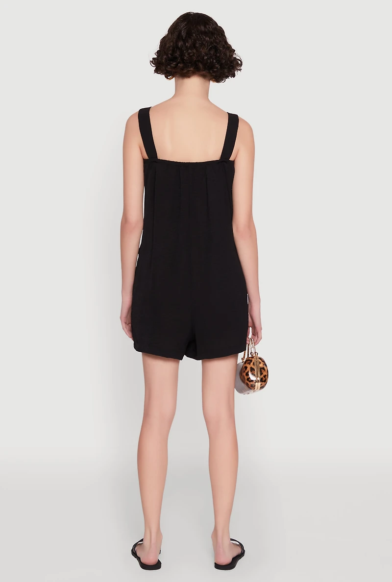 Womens Chic Tie Sleeves Pleated Crepe Knit Romper, Black, Size L